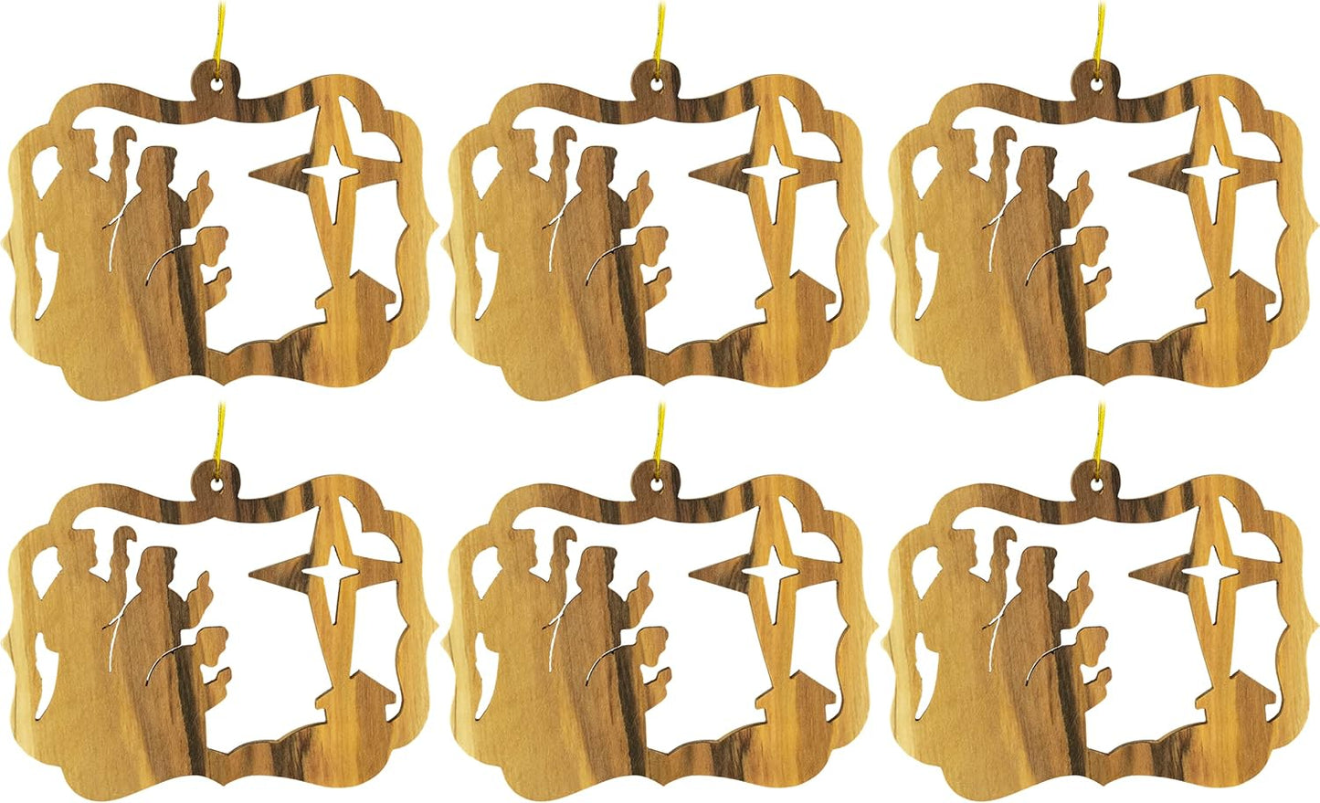 Wisemen & Nativity Star Olive Wood Christmas Ornament from Israel, Bulk Pack of 6, Religious Ornaments Decoration, Wooden Hanging Seasonal Décor for Christmas Tree, Made in the Holy Land of Bethlehem