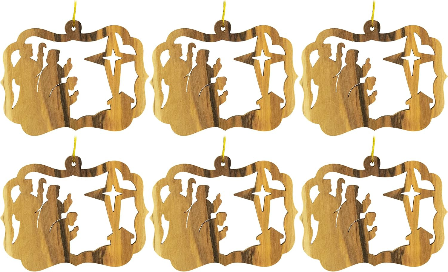 Wisemen & Nativity Star Olive Wood Christmas Ornament from Israel, Bulk Pack of 6, Religious Ornaments Decoration, Wooden Hanging Seasonal Décor for Christmas Tree, Made in the Holy Land of Bethlehem