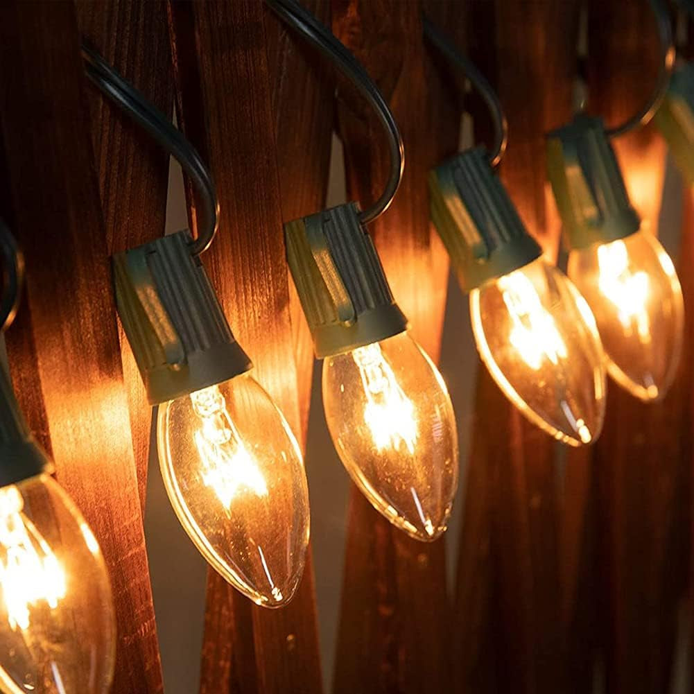 C9 Clear Christmas Lights 25Ft Outdoor Christmas String Lights with 26 Clear Light Bulbs for Outdoor Patio, Cafe, Party Decor- Green Wire