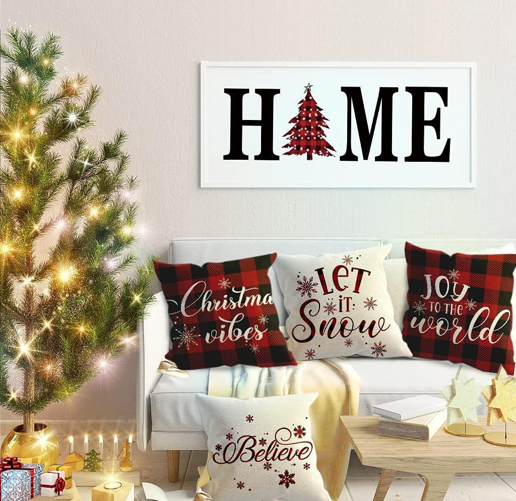 22X22 Christmas Pillow Covers, Decorative Farmhouse Christmas Vibes Believe Buffalo Plaid Let It Snow Outdoor Pillow Shams Cases Slipcovers Set of 4 for Couch Sofa