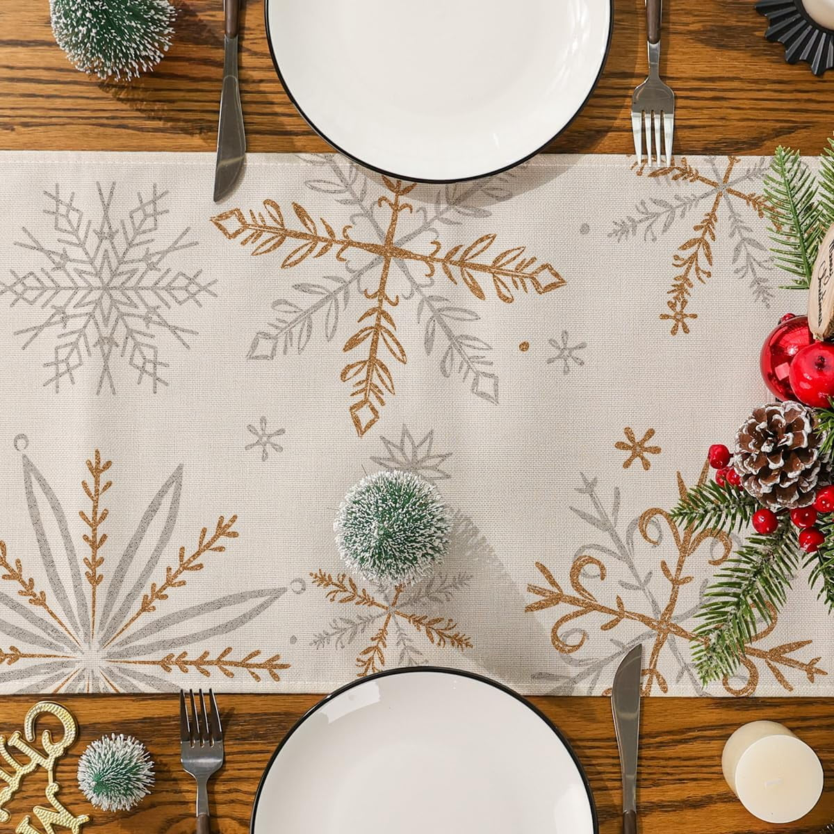 Christmas Table Runner, Snowflakes Beige Winter Holiday Home Decor for Party, 13X60 Inch, Polyester