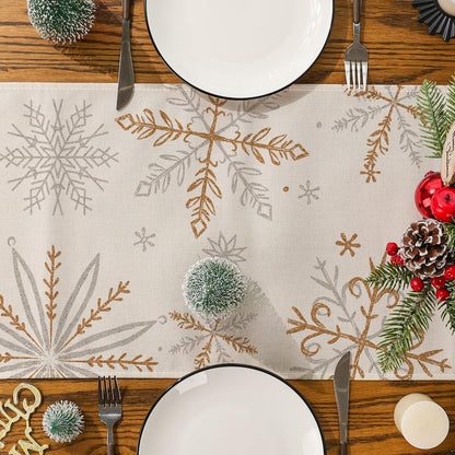 Christmas Table Runner, Snowflakes Beige Winter Holiday Home Decor for Party, 13X60 Inch, Polyester