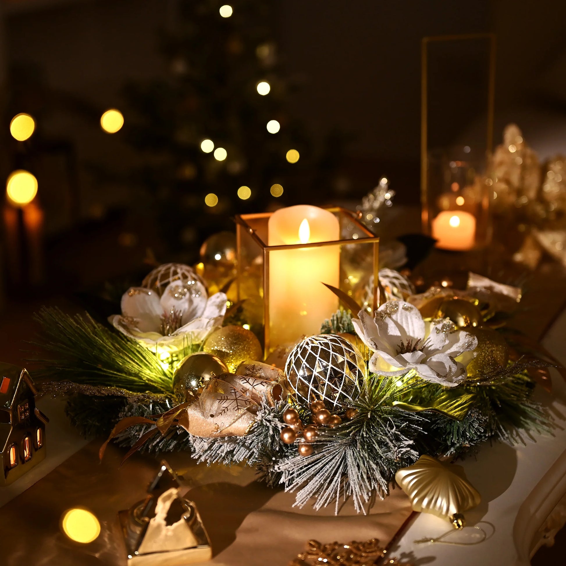 24 Inches Pre-Lit Christmas Wreath White Gold Lighted Wreath with Bow & Flower & Ornaments Perfect Xmas Holiday Gift for Front Door Mantel Table Top Decoration