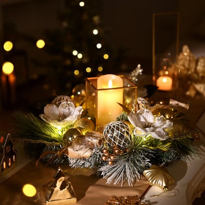 24 Inches Pre-Lit Christmas Wreath White Gold Lighted Wreath with Bow & Flower & Ornaments Perfect Xmas Holiday Gift for Front Door Mantel Table Top Decoration