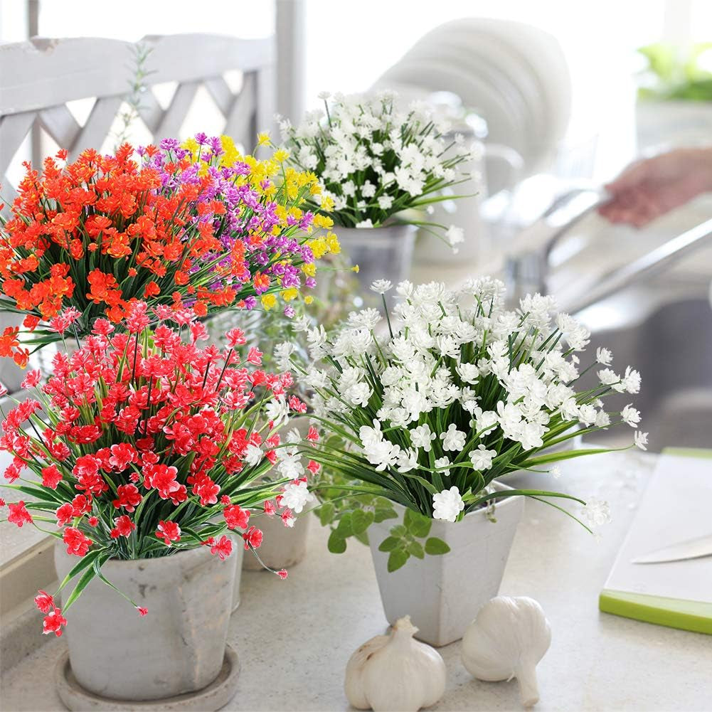 20 Bundles Outdoor Artificial Fake Flowers UV Resistant Shrubs Plants, Faux Plastic Greenery for Indoor outside Hanging Plants Garden Porch Window Box Home Wedding Farmhouse Decor (White)