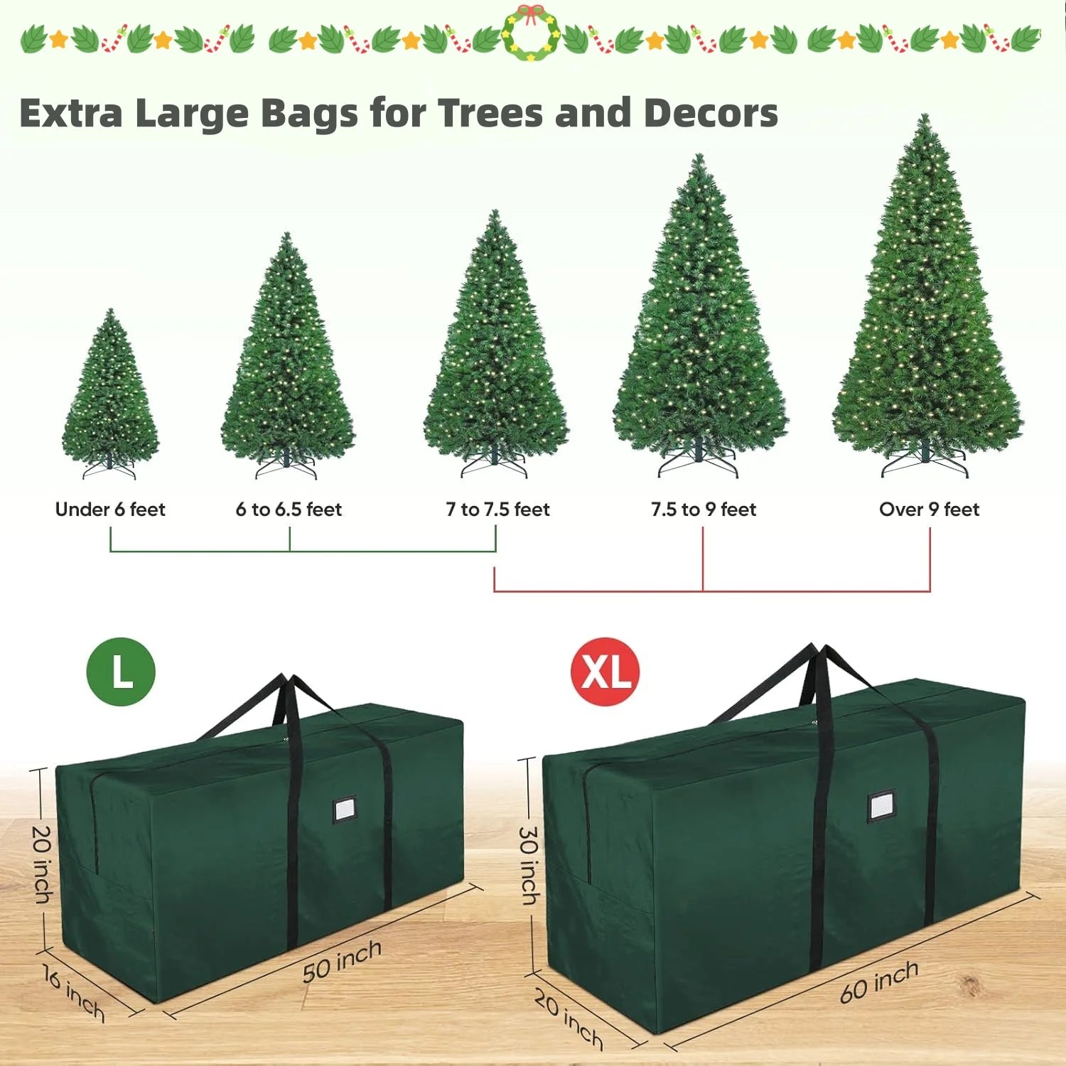 7.5 Ft Christmas Tree Storage Bag , for Big Artificial Xmas Tree,Holiday Trees, Green (50*16*20In)