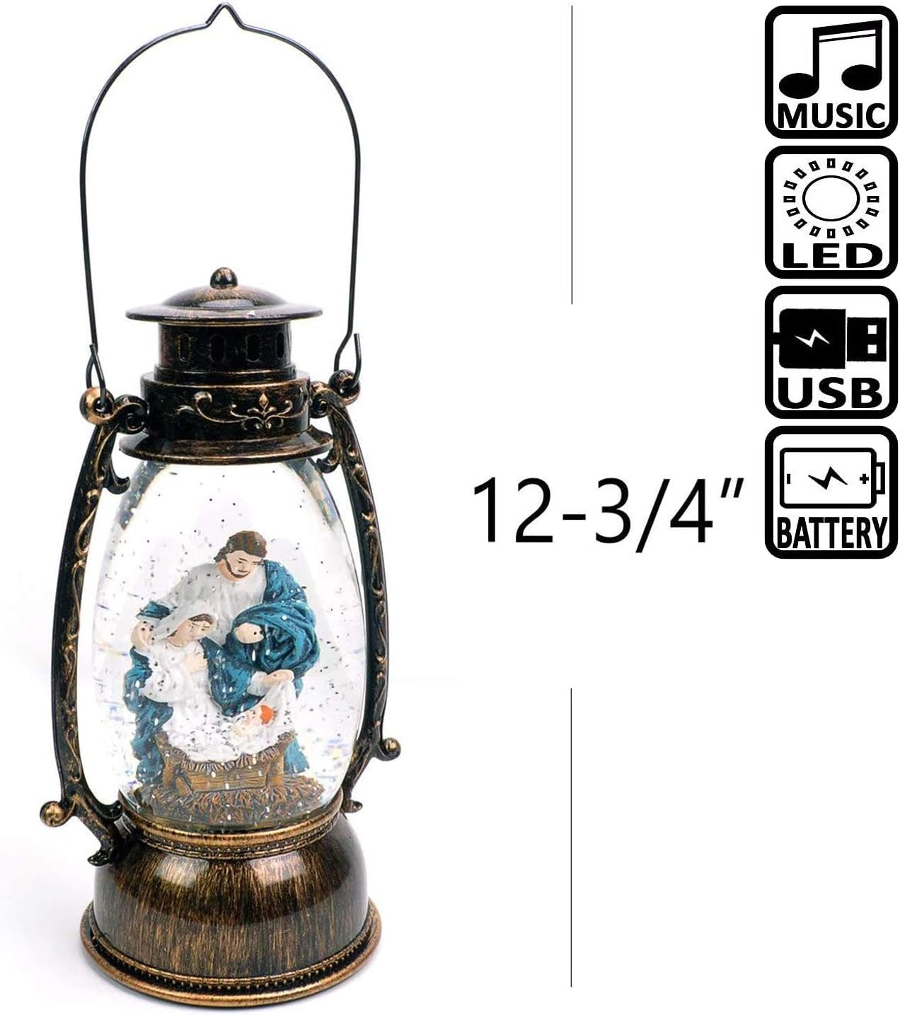 GMT-10316-M Jesus Christ Nativity Christmas Snow Globes Musical - Battery or USB Operated LED Lighted Swirling Glitter Water Lantern - Christmas Decorations for the Home