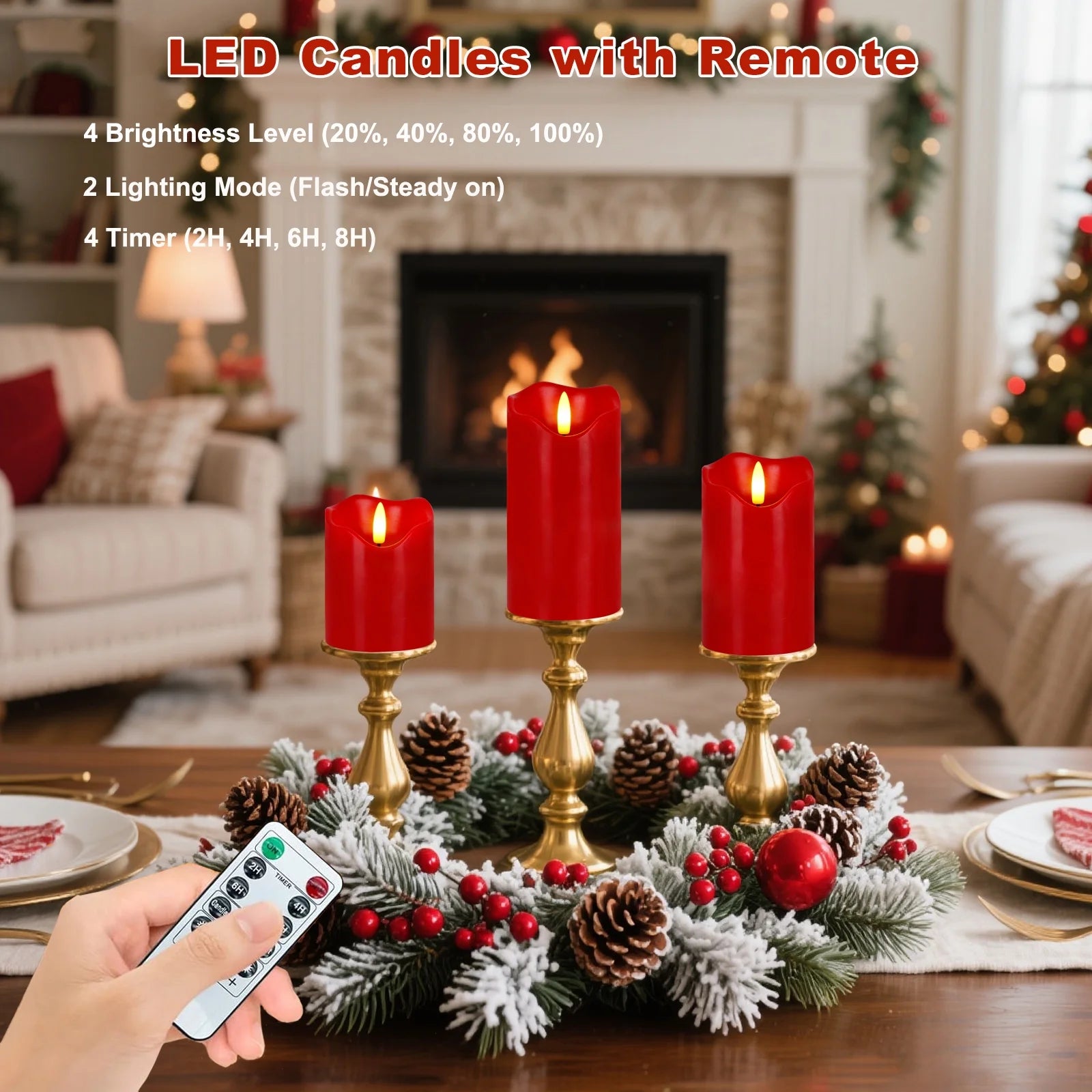 Flameless Candles Lights, Set of 3 Red Flickering LED Candles with Remote & Timer, Dimmable LED Pillar Candles Battery Operated, Electric Candles for Home Thanksgiving Christmas Decor