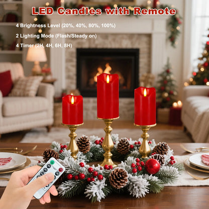 Flameless Candles Lights, Set of 3 Red Flickering LED Candles with Remote & Timer, Dimmable LED Pillar Candles Battery Operated, Electric Candles for Home Thanksgiving Christmas Decor