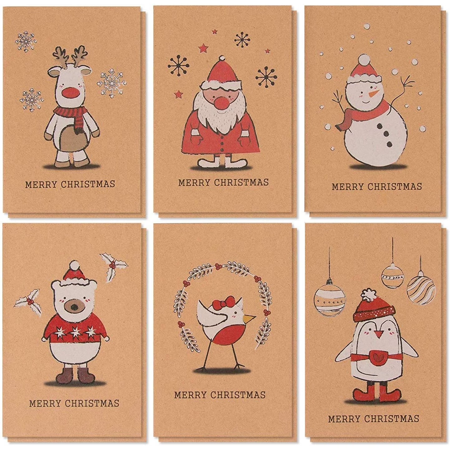36 Pack Kraft Cute Christmas Greeting Cards with Envelopes, 4X6 Bulk Holiday Cards for Xmas Winter Holiday Season, 6 Red White Festive Designs