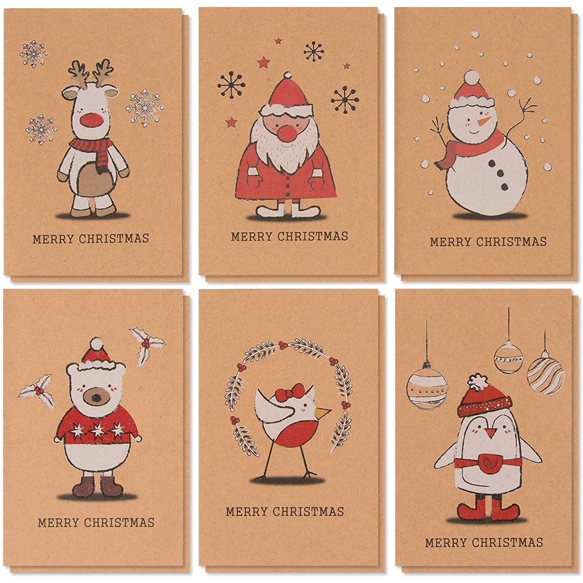 36 Pack Kraft Cute Christmas Greeting Cards with Envelopes, 4X6 Bulk Holiday Cards for Xmas Winter Holiday Season, 6 Red White Festive Designs