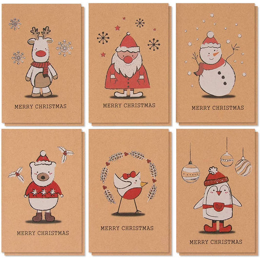 36 Pack Kraft Cute Christmas Greeting Cards with Envelopes, 4X6 Bulk Holiday Cards for Xmas Winter Holiday Season, 6 Red White Festive Designs