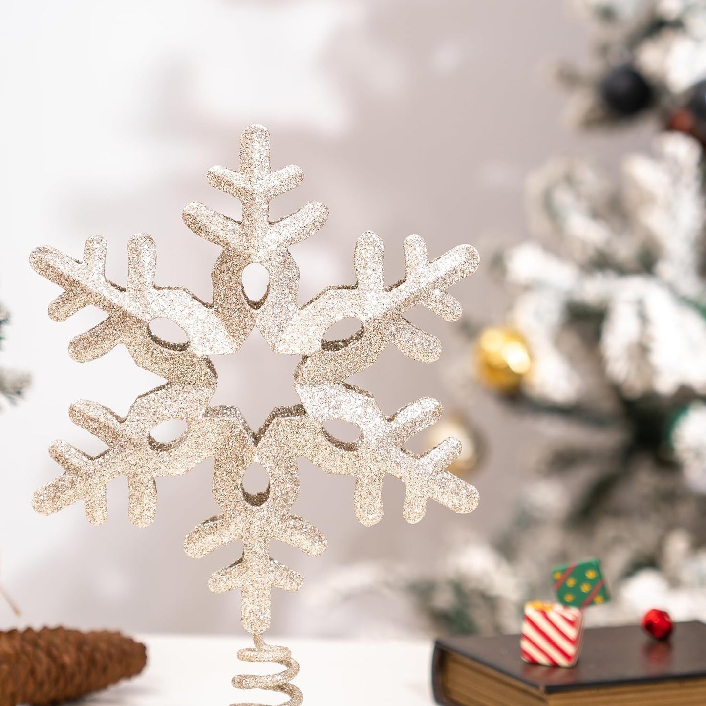 Tree Topper Snowflake, 13.25" Silver Glittered Christmas Tree Topper Decor, Christmas Tree Top Ornament Perfect for Any Size Xmas Tree