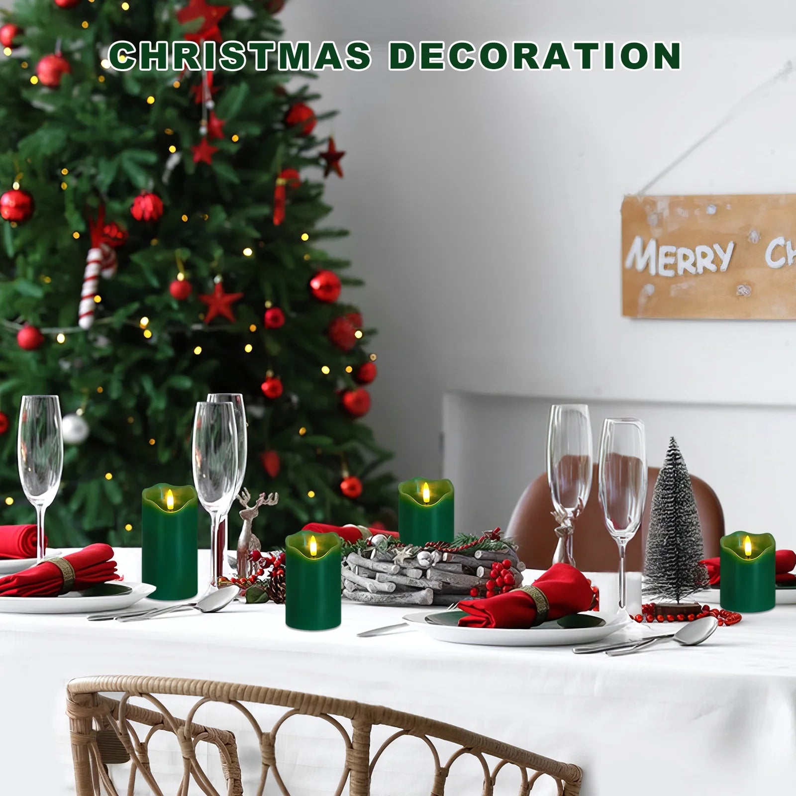 Flameless Candles Lights, Set of 3 Green Flickering LED Candles with Remote & Timer, Dimmable LED Pillar Candles Battery Operated, Electric Candles for Halloween Thanksgiving Christmas Decor