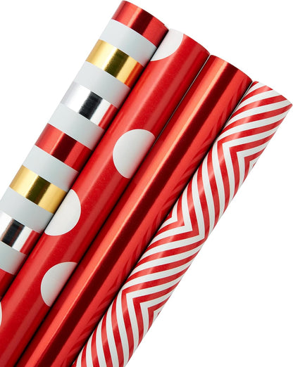 Wrapping Paper Rolls for Christmas or Any Occasion, Metallic Gold and Red Holiday Gift Wrap (120 Sq. Ft., 4 Rolls-30 In. X 12 Ft., Reversible) Stripes, Polka Dots, Zig Zags