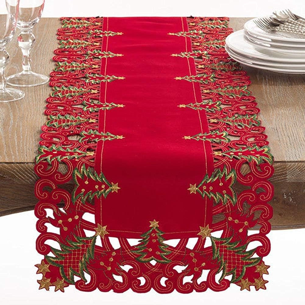 Pandoro Collection Holiday Embroidered Christmas Tree Cutwork Border 16 X 90 Inch Table Runner – Red Table Runner for Christmas Dinner, Family Gathering, Special Events and Home Décor