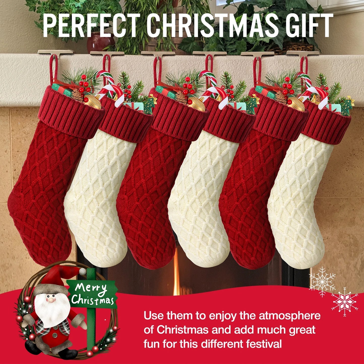6Pcs Christmas Stockings, Large Xmas Stockings Double-Sided 18 Inches Fireplace Stockings for Family Christmas Decorations (Red,White)