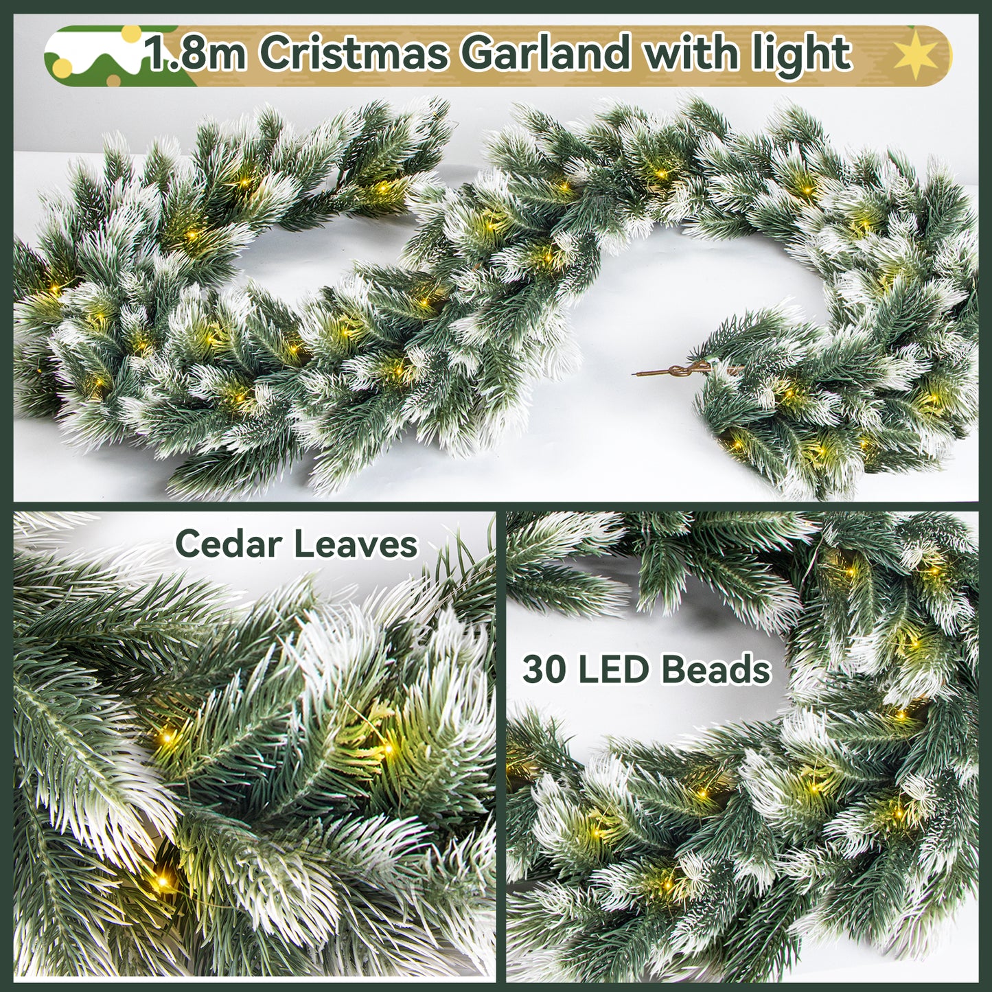 6FT Christmas Garland with Light, Seasonal Artificial Christmas Green Rattan Pine Cypress Garland Holiday Outdoor Winter Decor, 8 Modes Xmas Garland Indoor for Mantle Fireplace Stair Wreath