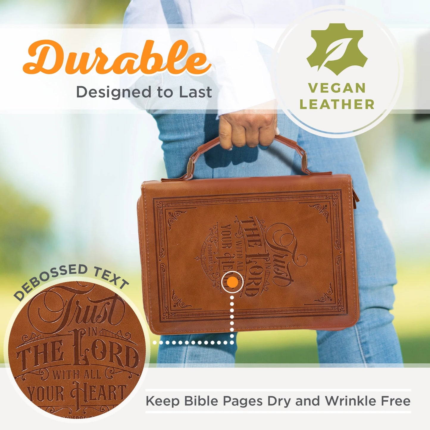 Classic Vegan Leather Bible Cover for Men & Women: Trust in the Lord Inspirational Bible Verse, Sturdy Easy Carry Book Case, Pen Loops, Pockets, Accessory Storage, Brown, XL