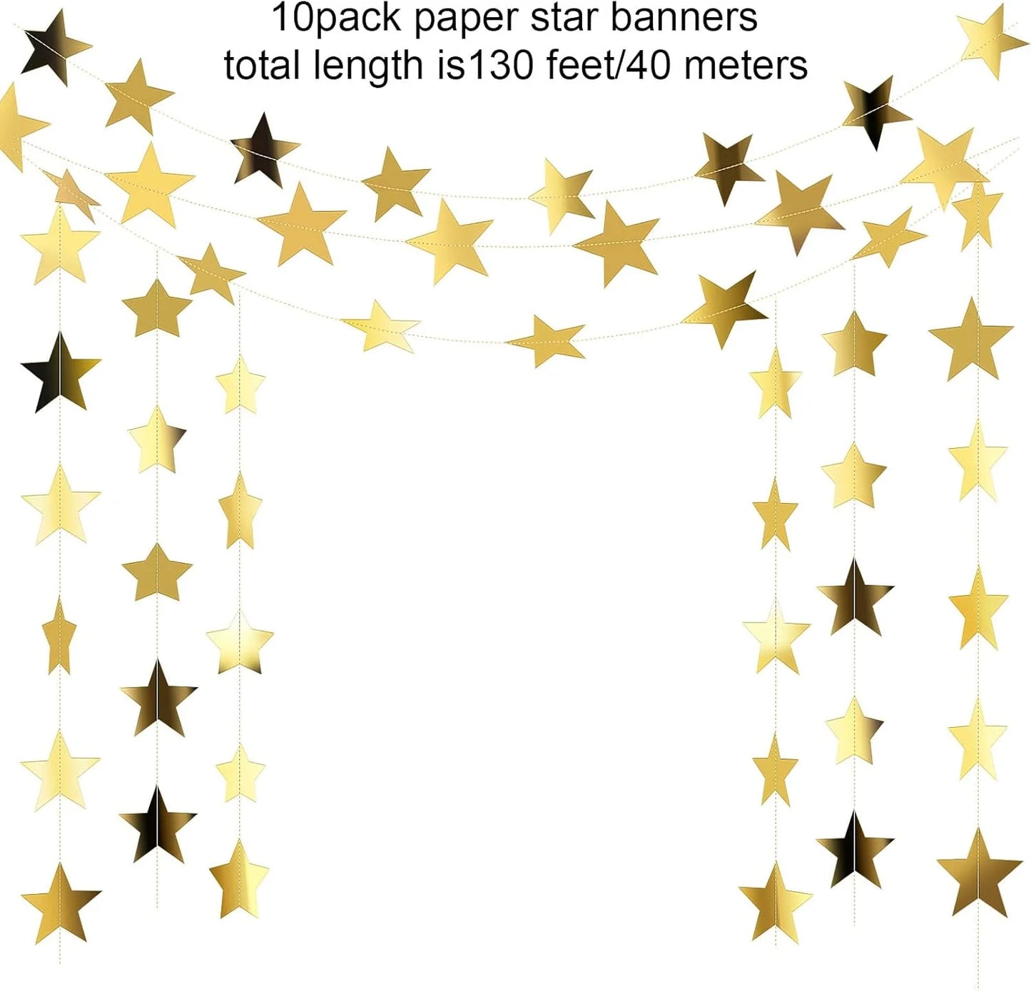 130 Feet Glitter Star Garland Banner Decor, Gold Streamers Hanging Star Bunting Banner Backdrop for 2025 New Year Graduation Wedding Birthday Christmas Party Decoration