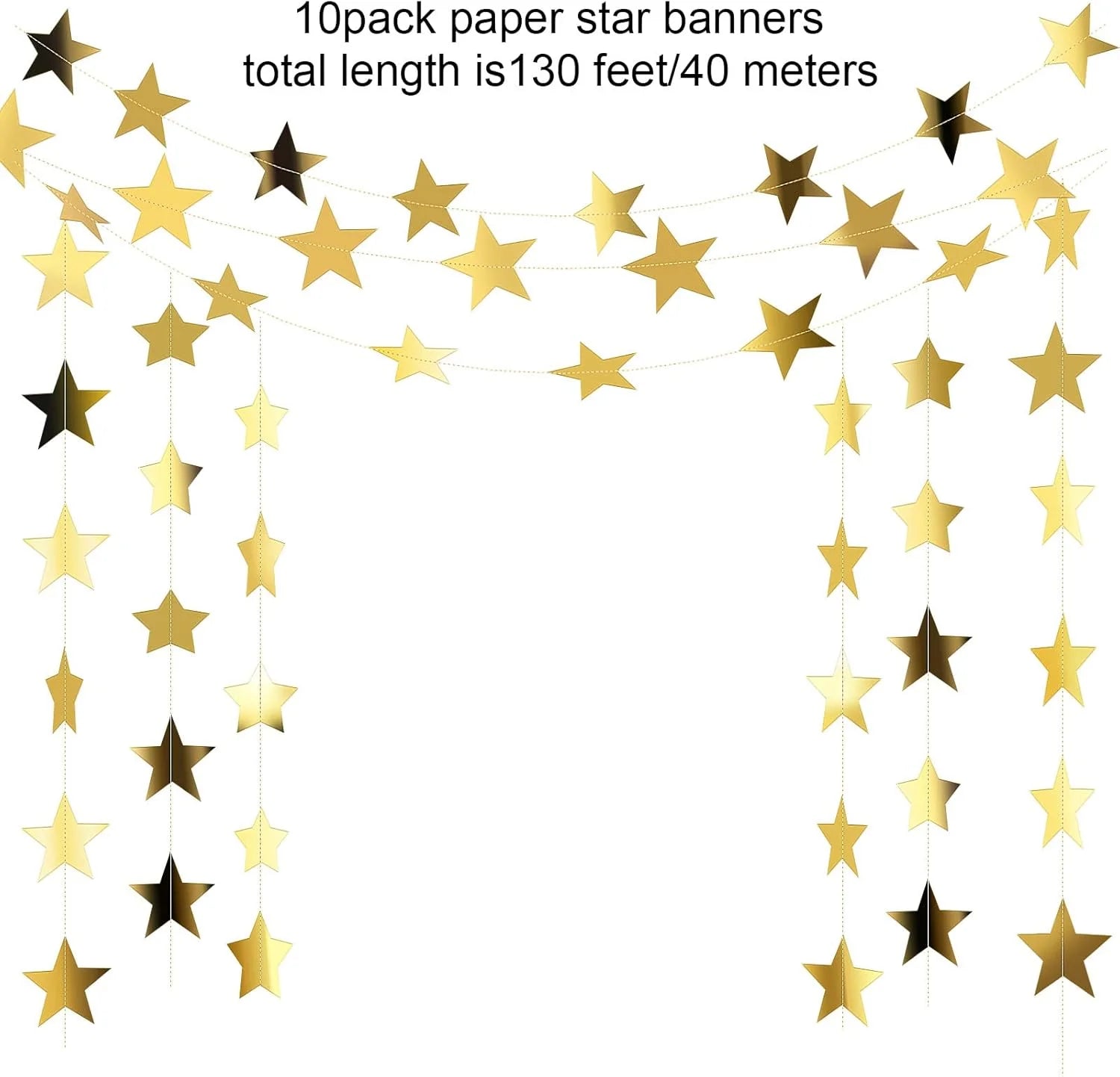 130 Feet Glitter Star Garland Banner Decor, Gold Streamers Hanging Star Bunting Banner Backdrop for 2025 New Year Graduation Wedding Birthday Christmas Party Decoration