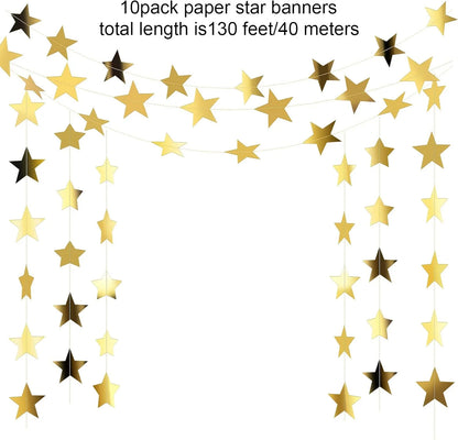 130 Feet Glitter Star Garland Banner Decor, Gold Streamers Hanging Star Bunting Banner Backdrop for 2025 New Year Graduation Wedding Birthday Christmas Party Decoration