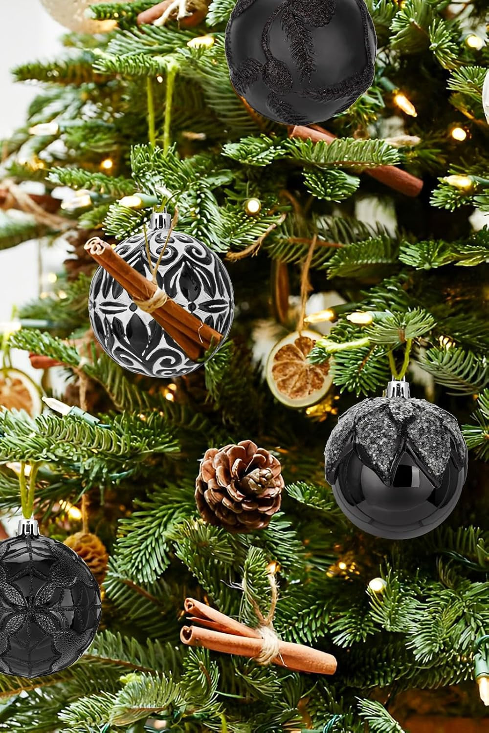 3.15"/80Mm Black Christmas Ball Ornaments 12 Pcs Shatterproof Christmas Tree Relief Ornament Set Large Hanging Ornaments Balls for Halloween Holiday Wreath Home Decor