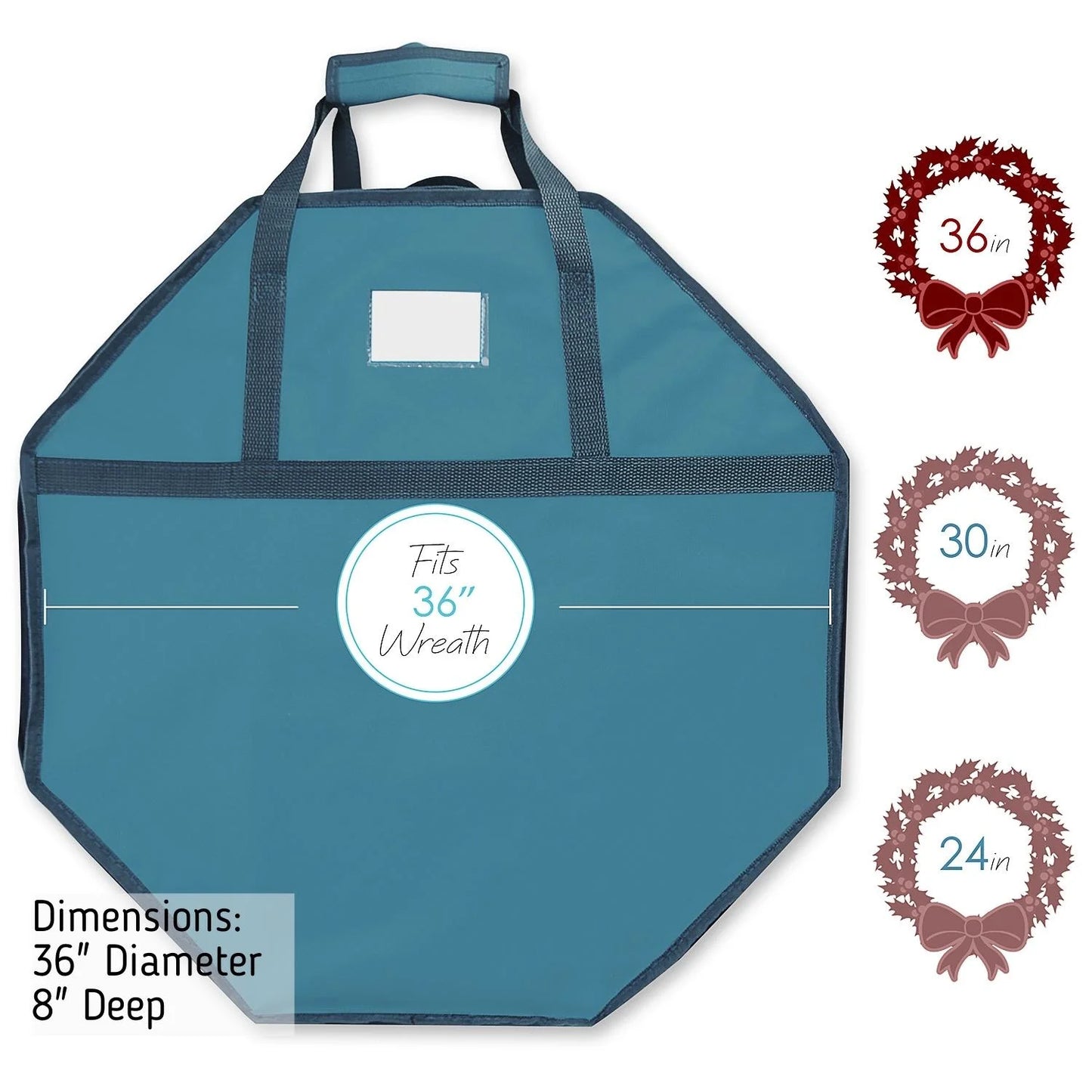 36" Hard Shell Holiday Wreath Storage Container with Interior Pockets, Dual Zipper and Handles, Blue