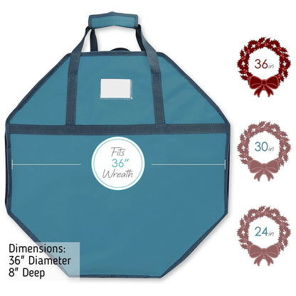 36" Hard Shell Holiday Wreath Storage Container with Interior Pockets, Dual Zipper and Handles, Blue