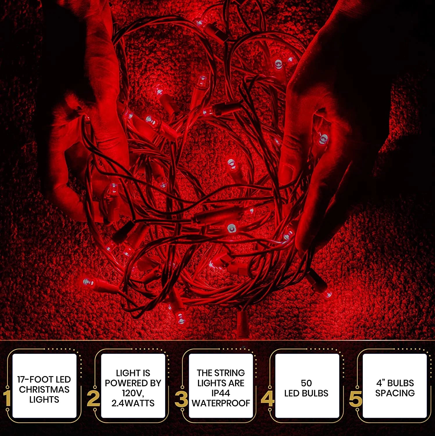 50 LED Mini Christmas String Lights 120V UL588 (50, Red)