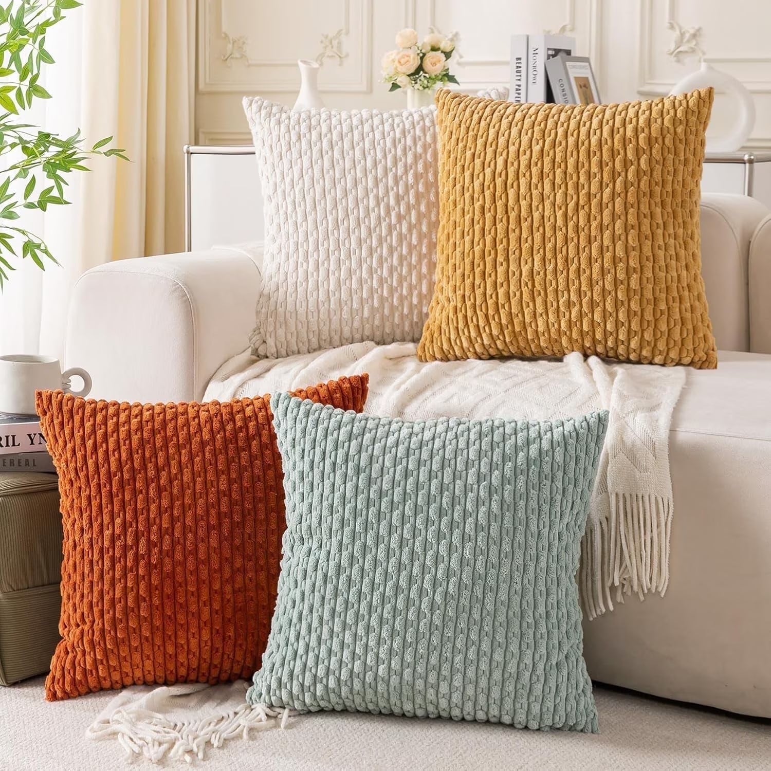 Pack of 4 Throw Pillow Covers 26X26, Christmas Soft Plush Striped Corduroy Couch Pillow Covers, Yellow Rust Aqua