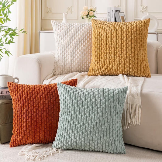 Pack of 4 Throw Pillow Covers 26X26, Christmas Soft Plush Striped Corduroy Couch Pillow Covers, Yellow Rust Aqua