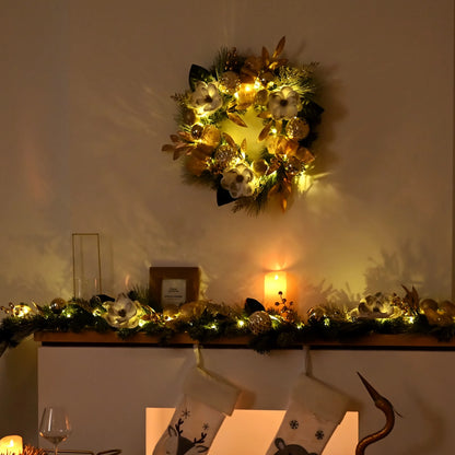 24 Inches Pre-Lit Christmas Wreath White Gold Lighted Wreath with Bow & Flower & Ornaments Perfect Xmas Holiday Gift for Front Door Mantel Table Top Decoration