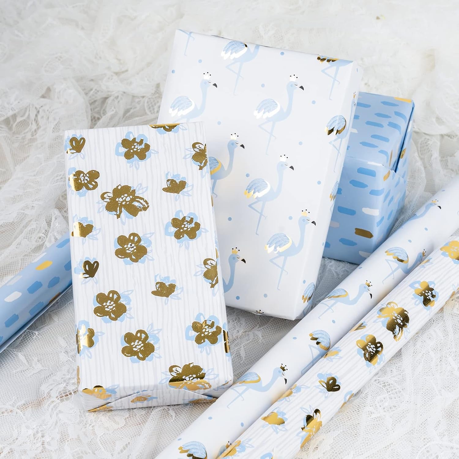 Gold Foil Wrapping Paper - Mini Roll - Flower/Flamingo/Terrazzo Print for Wedding, Bridal Shower, Birthday - 17 X 120 Inches - 3 Rolls (42.5 Sq.Ft.Ttl.)
