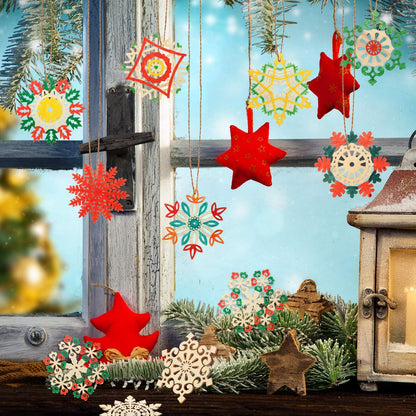 50 Pcs Christmas Unfinished Wooden Snowflake Ornaments 3.94 Inch Snowflake Hanging Cutouts Blank Wood Slices with Cord for Christmas Tree Decor DIY Craft Embellishments