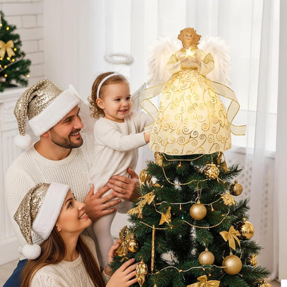 12'' Angel Tree Topper with White Feather Wings and Gold Skirt, Christmas Tree Topper with LED Light for Tree Toppers Holiday Ornament Decorations, Gold