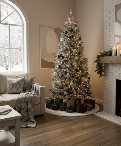 48 Inch Sequin Faux Fur Christmas Tree Skirt for Christmas Tree Decorations White Plush Silver Sequin Snowflake Tree Skirt