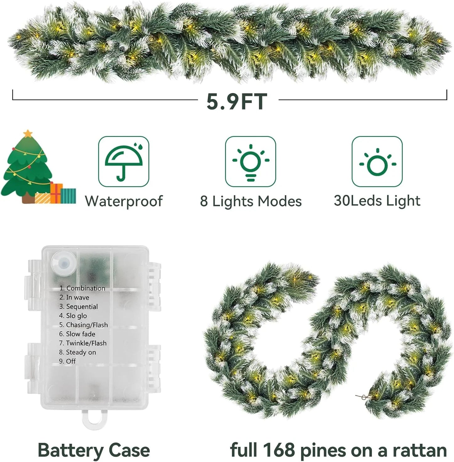 6FT Christmas Garland with Light, Seasonal Artificial Christmas Green Rattan Pine Cypress Garland Holiday Outdoor Winter Decor, 8 Modes Xmas Garland Indoor for Mantle Fireplace Stair Wreath