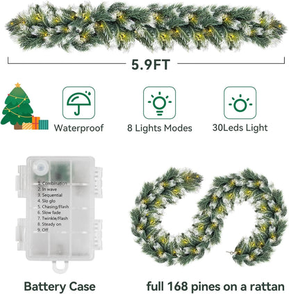 6FT Christmas Garland with Light, Seasonal Artificial Christmas Green Rattan Pine Cypress Garland Holiday Outdoor Winter Decor, 8 Modes Xmas Garland Indoor for Mantle Fireplace Stair Wreath