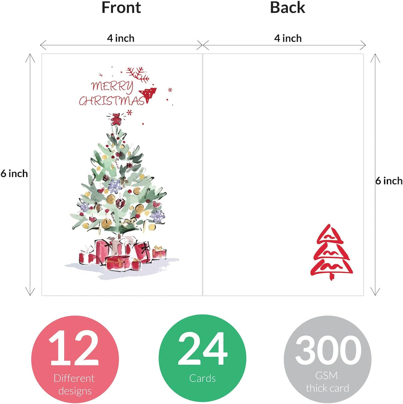 Christmas Cards Boxed, Set of 24 Holiday Cards, Christmas Tree, Santa Claus, Reindeers, 12 Unique Designs Greeting Cards - 4X6"