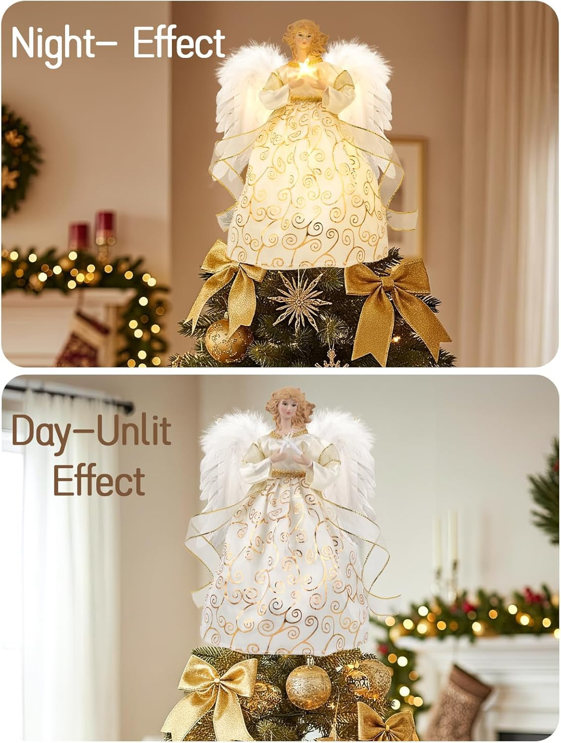 12'' Angel Tree Topper with White Feather Wings and Gold Skirt, Christmas Tree Topper with LED Light for Tree Toppers Holiday Ornament Decorations, Gold