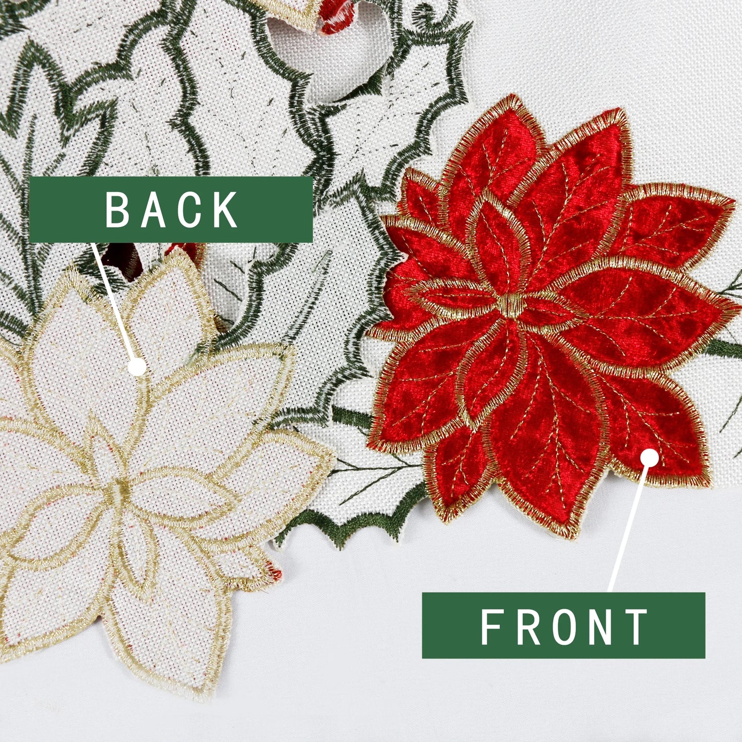 Christmas Table Runner Decorations Red Poinsettia Embroidered 36 Inches Long Flower Table Decor Applique Cutwork Holiday Festive Short Table Decorations, 13X36 Inch