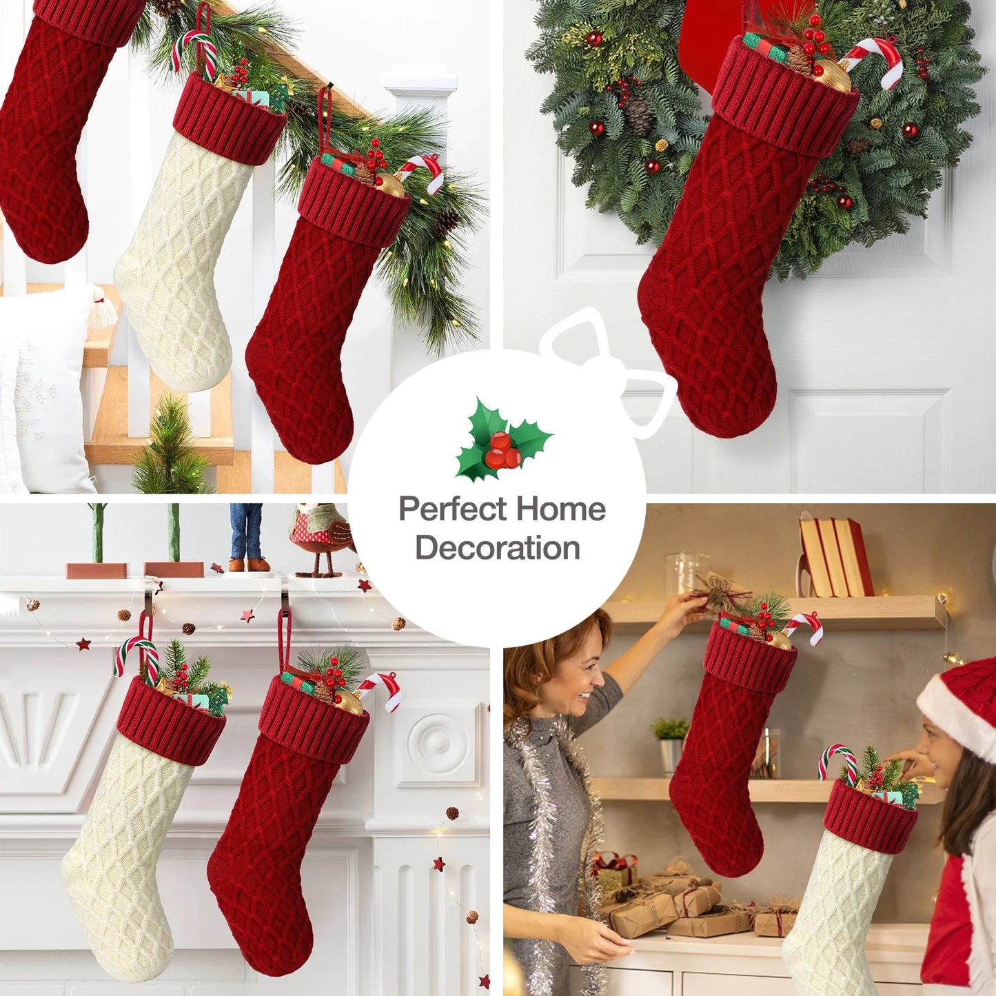 6Pcs Christmas Stockings, Large Xmas Stockings Double-Sided 18 Inches Fireplace Stockings for Family Christmas Decorations (Red,White)