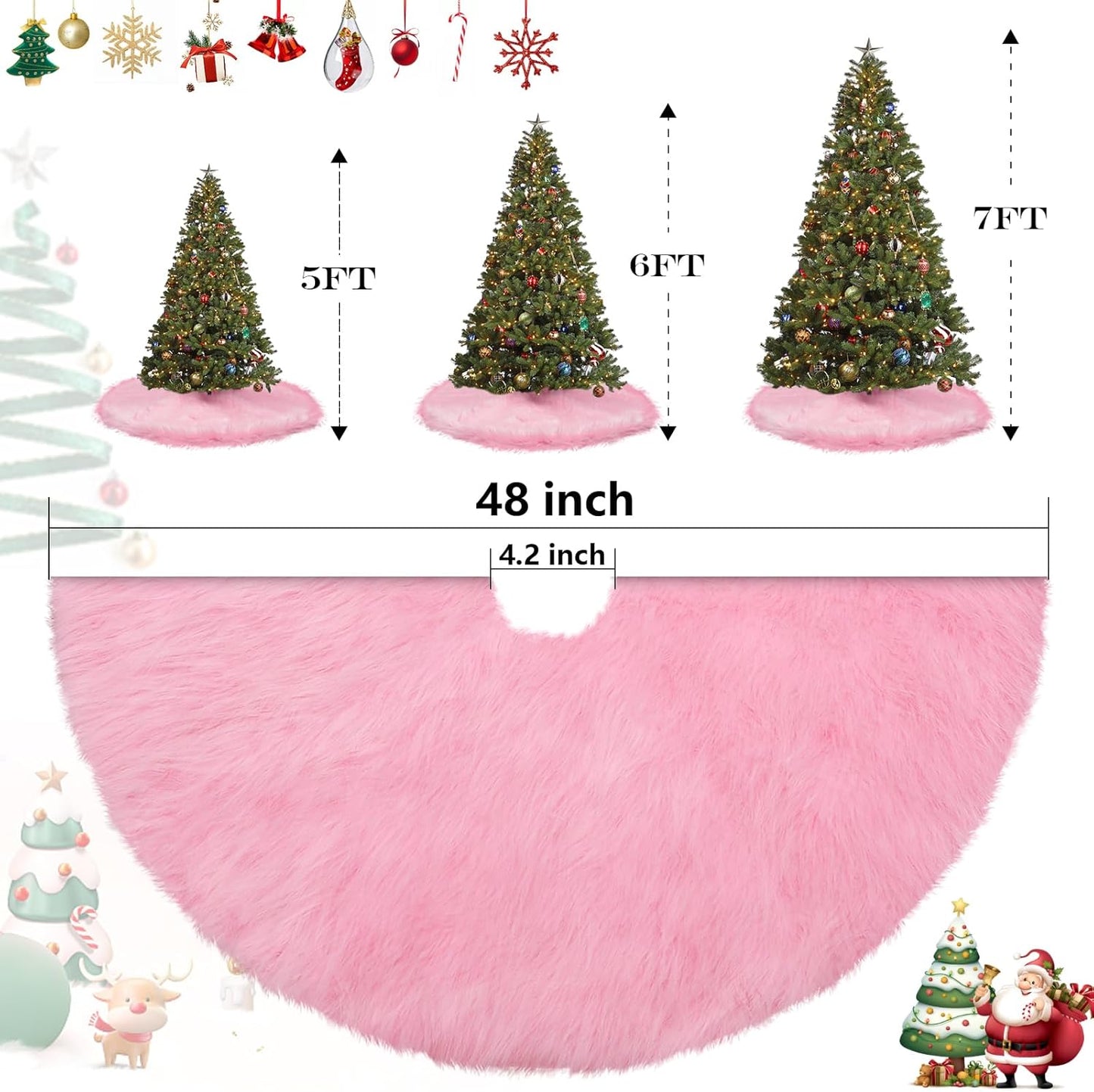 Pink Christmas Tree Skirt Fur,48 Inches Large Fuzzy Fur Candy Tree Skirt Rug Pink Christmas Halloween Decor&Ornaments for 7-7.5Ft Christmas Trees