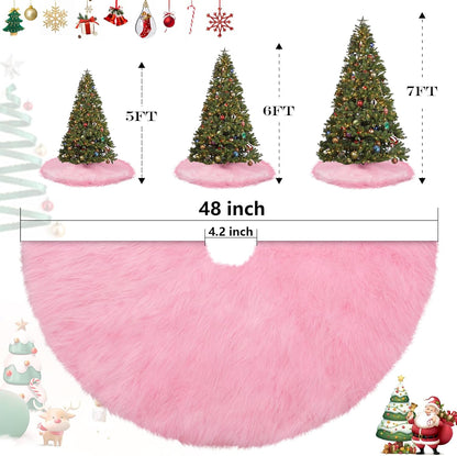 Pink Christmas Tree Skirt Fur,48 Inches Large Fuzzy Fur Candy Tree Skirt Rug Pink Christmas Halloween Decor&Ornaments for 7-7.5Ft Christmas Trees