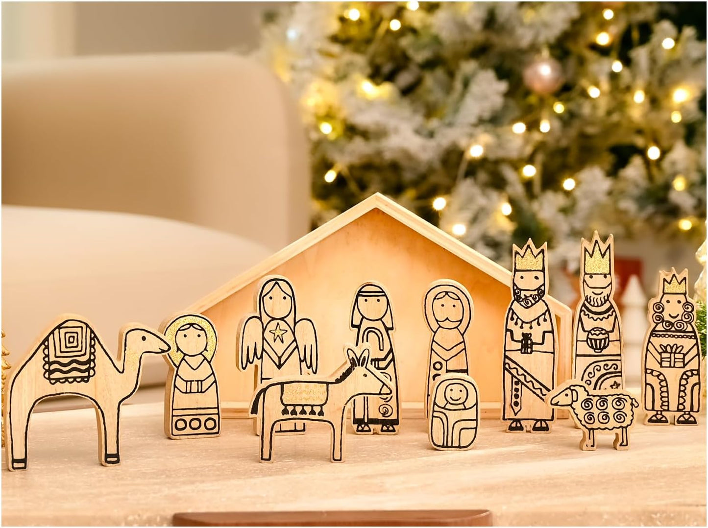 Wooden Nativity Set,12Pcs Christmas Tabletop Scene-7" Tall, Small Nativity Ornament for Christmas Decor,Paintable Wood Nativity Sets&Figures,Unique