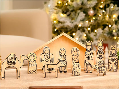 Wooden Nativity Set,12Pcs Christmas Tabletop Scene-7" Tall, Small Nativity Ornament for Christmas Decor,Paintable Wood Nativity Sets&Figures,Unique