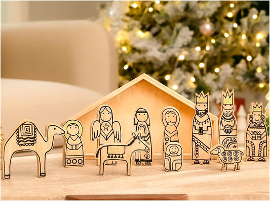 Wooden Nativity Set,12Pcs Christmas Tabletop Scene-7" Tall, Small Nativity Ornament for Christmas Decor,Paintable Wood Nativity Sets&Figures,Unique