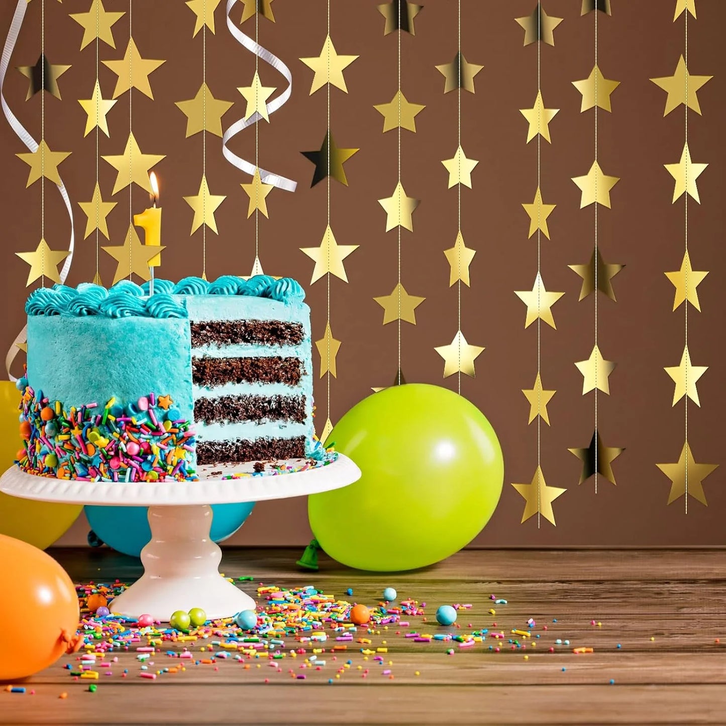 130 Feet Glitter Star Garland Banner Decor, Gold Streamers Hanging Star Bunting Banner Backdrop for 2025 New Year Graduation Wedding Birthday Christmas Party Decoration