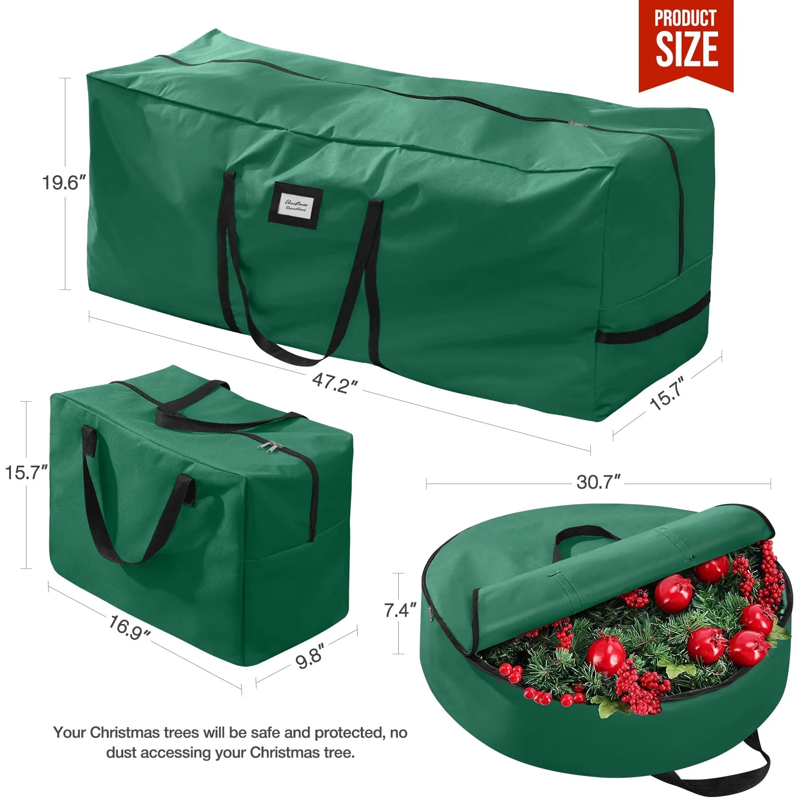 3Pcs Christmas Tree Storage Bag, Christmas Tree Bag for 7.5 FT Artificial Trees, Durable Waterproof with Reinforced Carrying Handles (Green)